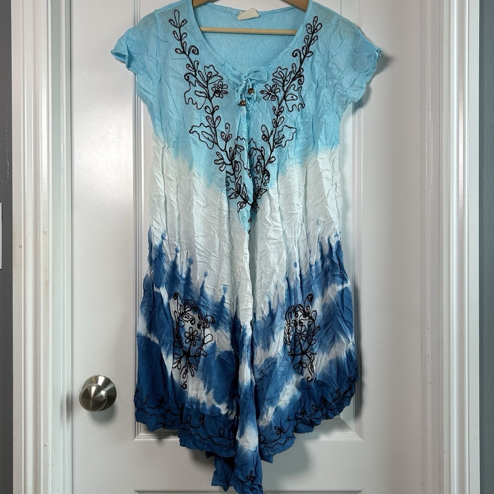 Exist Blue Tie Dye Embroidered Crinkle Beach Dress Cover Up Coconut Girl Style